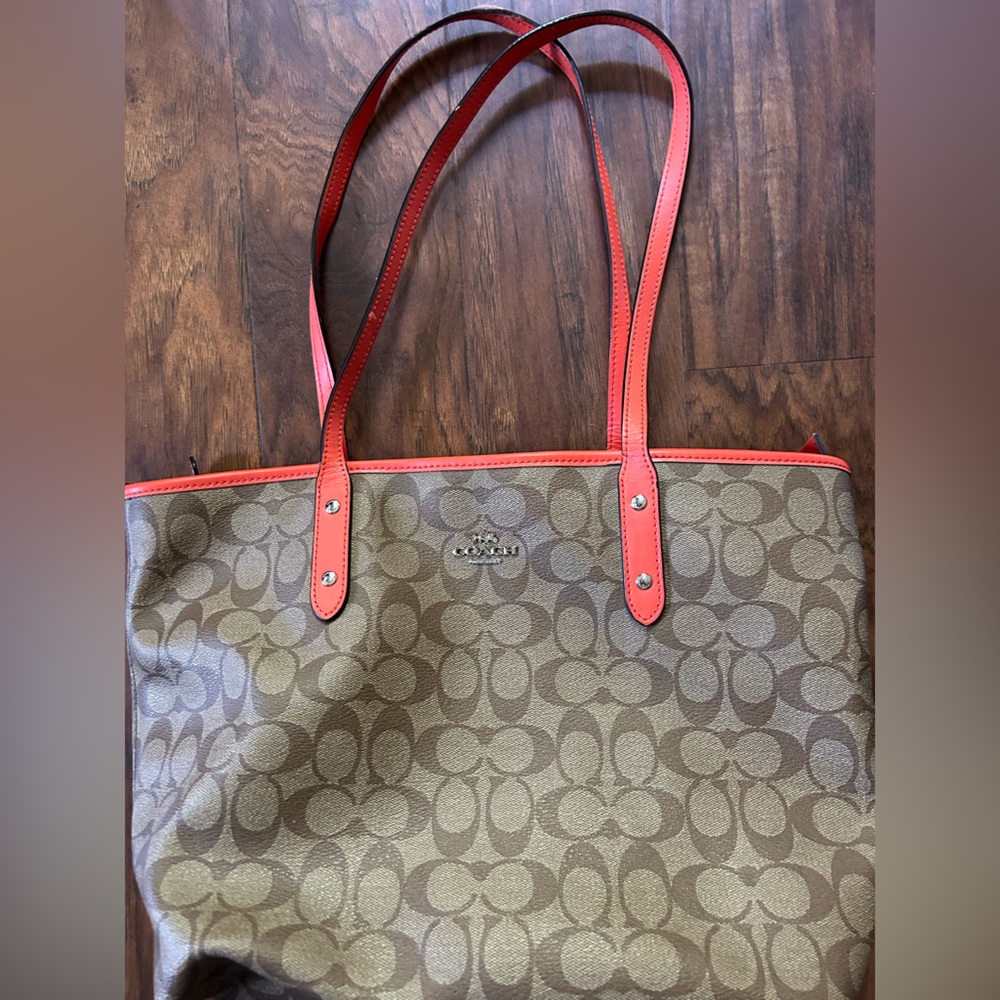 Coach Signature PVC Brown and Leather Orange Women's Large Tote Bag